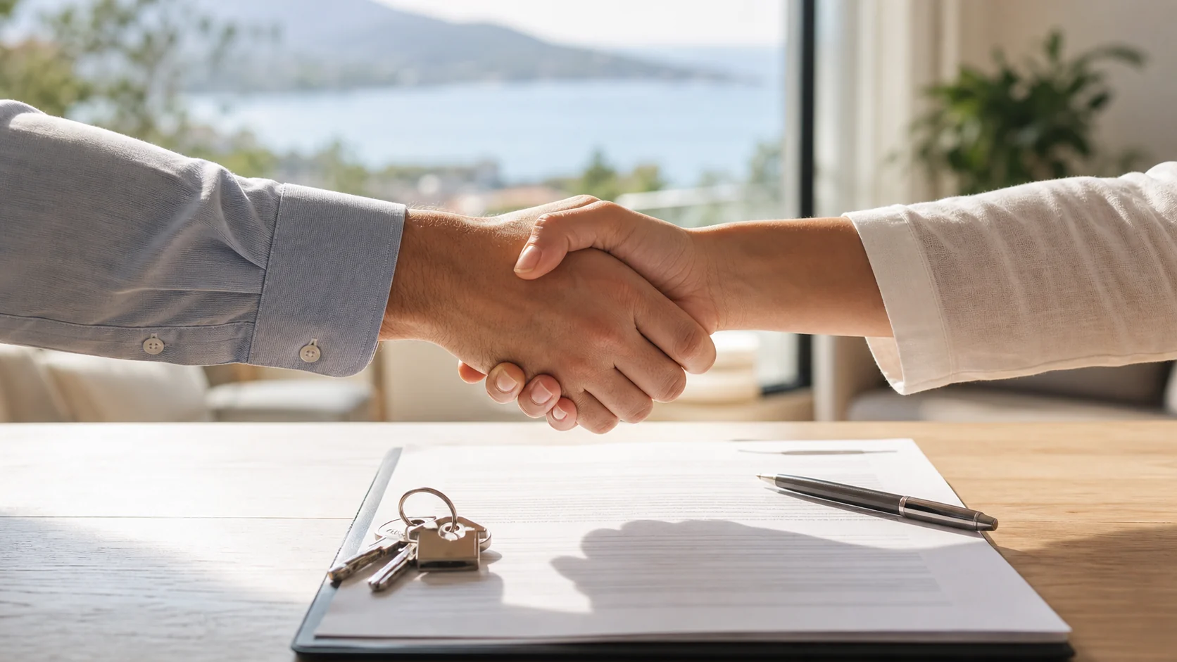 Buyer and property adviser shaking hands over a home purchase contract in Fethiye