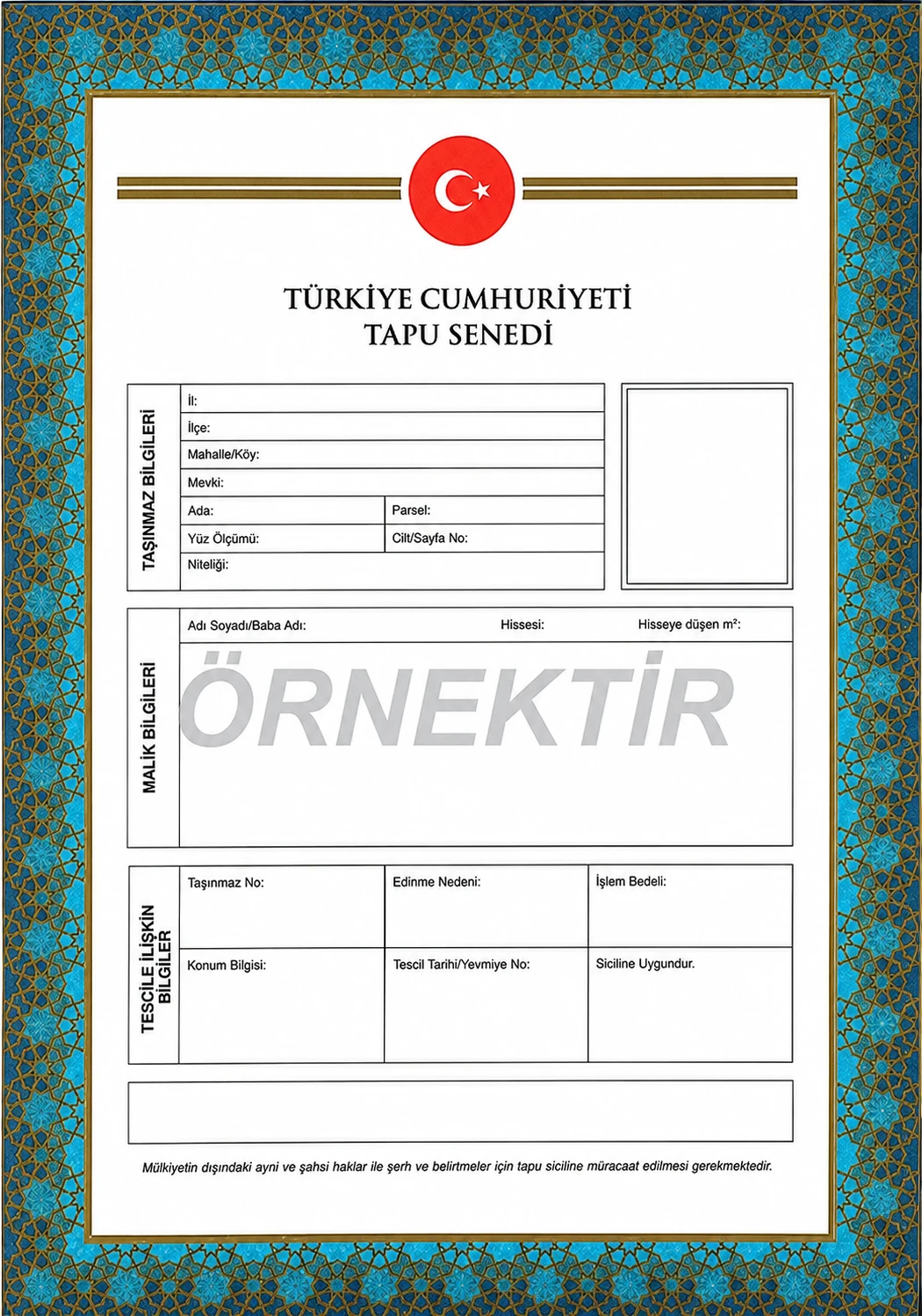 Blank sample Turkish title deed marked ÖRNEKTİR (example)